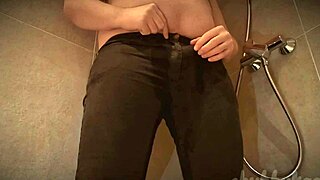 Chubbykaot pisses in jeans, flashing her curvy ass outdoors