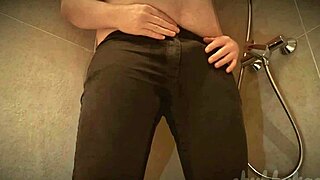 Chubbykaot pisses in jeans, flashing her curvy ass outdoors