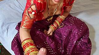 Indian Wife in Lehenga Blouse on Bed, Man Pulls Out Tits.