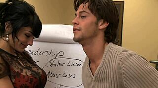 brunette cougar with big tits rides big cock in her wet shaved pussy, getting licked and fucked hard