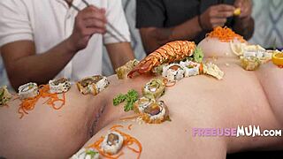 Freeuse asian chef serves herself as dessert