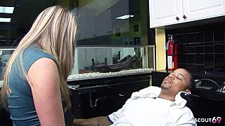Fit Blonde Nymphomaniac Hairdresser Girl With Small 18+ Tits Seduce Big Black Guy Client To Fuck At Her Job