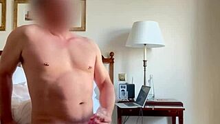 Bold stroking big cock in hotel room open window flashing neighbors