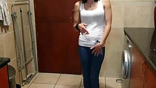pisswhore peeing in her jeans while smoking and stripping