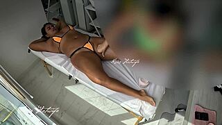 Oh, my naughty bikini made the Brazilian brunette masseuse horny seeing my big pussy jump out by the pool!