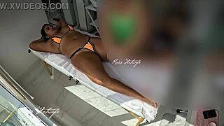 Oh, my naughty bikini made the Brazilian brunette masseuse horny seeing my big pussy jump out by the pool!