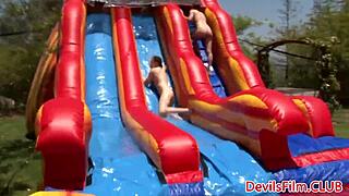 Outdoor pussylicking lesbians engage in strapon fun with close-up orgasms