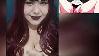 redhead goth wife playing with huge tits while watching hentai, so hot