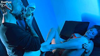 She expertly sucks and licks toes, giving detailed footjobs with big natural tits bouncing