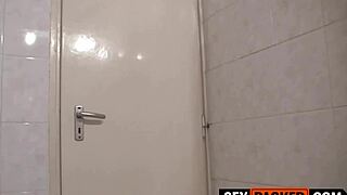 Amateur petite teen sloppy deepthroats monster cock pov in hotel bathroom.