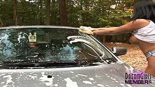 Big Boob Brunette Babe Cleans Car And Herself
