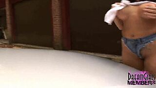 Big Boob Brunette Babe Cleans Car And Herself