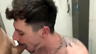 Agroboy delivers a passionate blowjob in the bathroom.