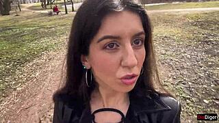 girl walks park with cum on face