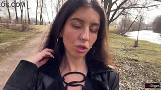 girl walks park with cum on face