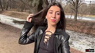 girl walks park with cum on face