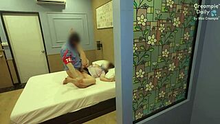 Pretty student gets fucked by horny guard in dorm creampie