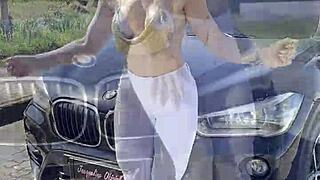 Blonde from usa gets fucked hard in double penetration scene with two men