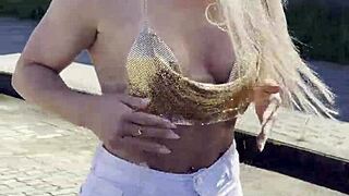 Blonde from usa gets fucked hard in double penetration scene with two men