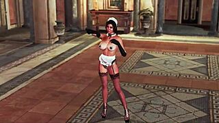 Sultry lara croft in maid uniform at villa