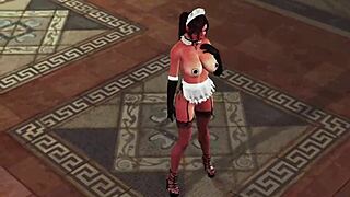 Sultry lara croft in maid uniform at villa