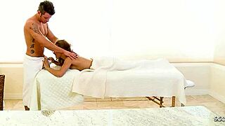 sweet blonde curly hair girl at massage parlour