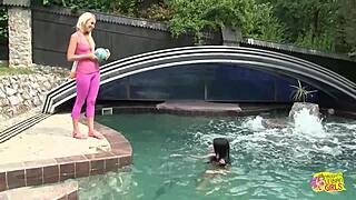 amazing outdoor fun in the pool with pretty blonde and big titted brunette babes