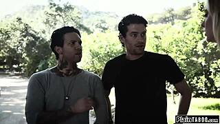 Intense double penetration stretches her tight pussy with two massive cocks.