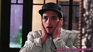 busty masseuse titfucks and tugs cock