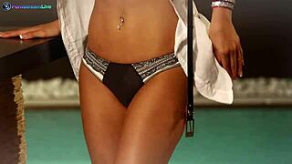 Glamorous Melanie Gold fingering her shaved pussy late at night, what a solo show!