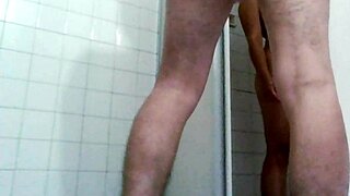 Wet bathroom shower with real couple at home