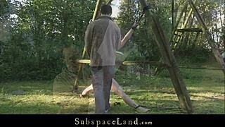 skinny sex slave exploited outdoor by her master