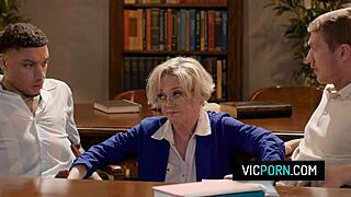 Busty mature dee williams getting double penetrated by two horny students in the library