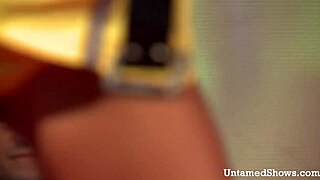 Horny brunette stripper intensely masturbates on stage ripping clothes