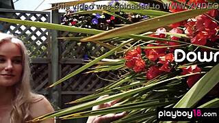 Skinny blonde teen Roxy Shaw strips outdoors, watering her tiny tits