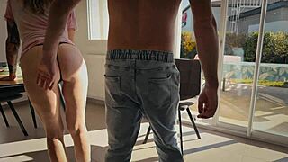 milf cleaning house in underwear, fucked by young man