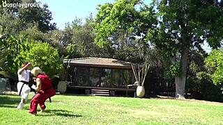 imagine jade kush in chun li costume taking two monster cocks provocatively