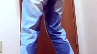 A Girl Pees Jeans in Bathroom