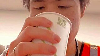 asian amateur walks publicly outdoors during work in amsr style