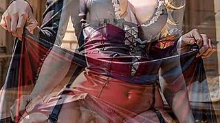 hey check this ai blonde upskirt flashing her pussy under victorian skirt garter