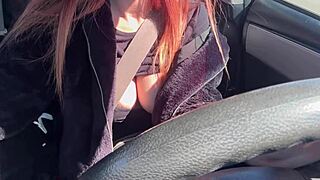 Sexy italian milf flashes juicy tits on horny car ride