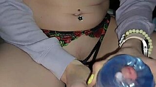 Milf Jerks Cock Then Rides Huge Dildo in Crotchless Panties