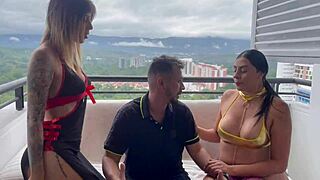 dirty colombian trio bends over perfect tits for melani rincon's wet pussy pounding