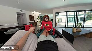 Redhead elastigirl anally rides in ripped incredibles cosplay