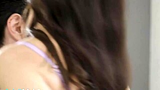 big-titted brunette strips dress offers trimmed pussy for hard pounding on bed