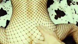 a hot milf strips teasingly masturbates then takes big cock in tight ass and pussy