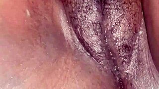 Watch thick curvy black milf's shaved dripping big pussy lips take creampie closeup