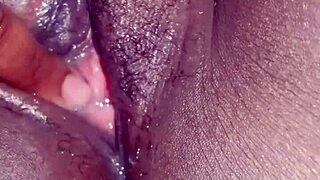 Watch thick curvy black milf's shaved dripping big pussy lips take creampie closeup