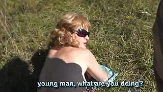 Pervert Catches Beautiful Blonde Sunbathing Naked on Beach Jerks Cock to Outdoor Cumshot POV