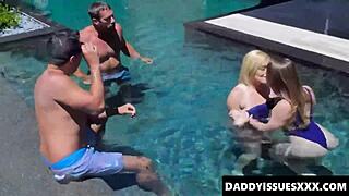 poolside romance heats up as katie kush and kenzie madison share licks and big cock fun 😍💦